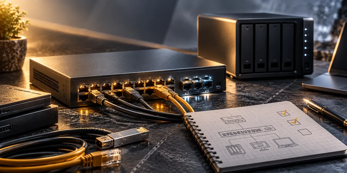 Conceptual illustration of a homelab networking setup with switch, NAS, Ethernet cabling and planning notes