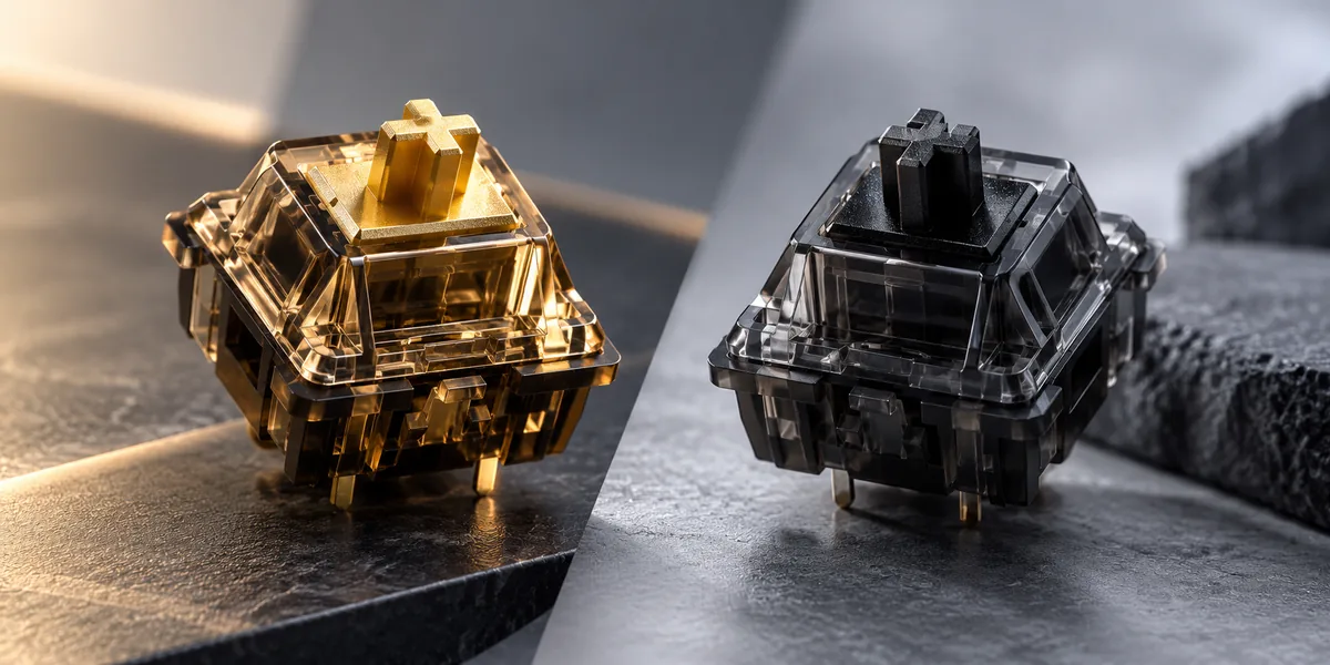 Conceptual illustration comparing a golden mechanical keyboard switch with a black mechanical keyboard switch