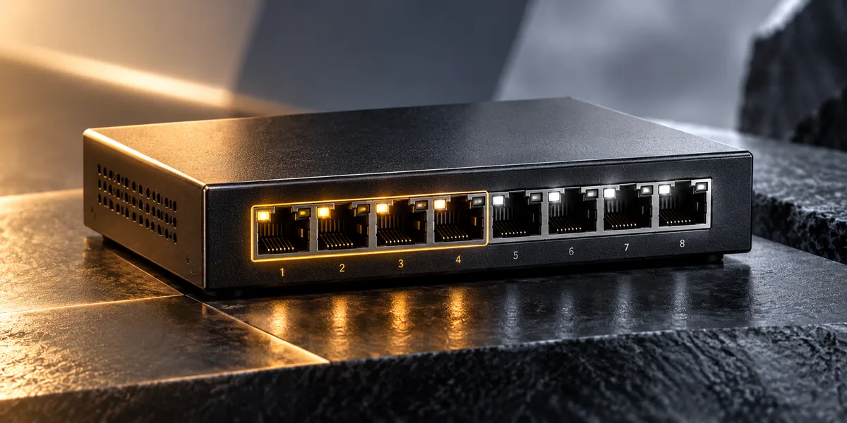Conceptual illustration of an eight-port gigabit Ethernet switch with four ports highlighted for PoE